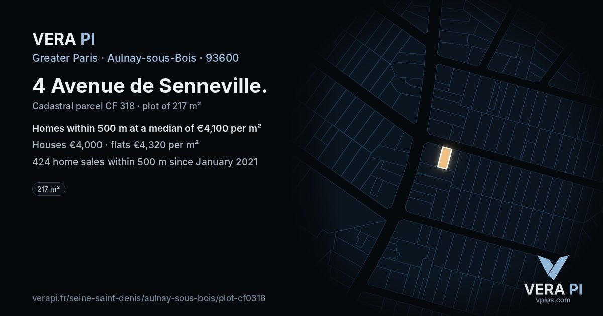 4 Avenue de Senneville, Aulnay-sous-Bois at night – the plot lit, the parcels around coloured by the prices near them