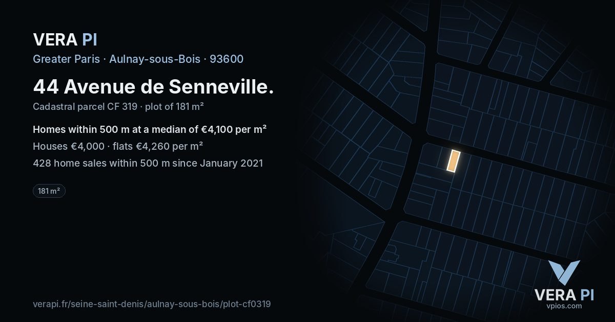 44 Avenue de Senneville, Aulnay-sous-Bois at night – the plot lit, the parcels around coloured by the prices near them