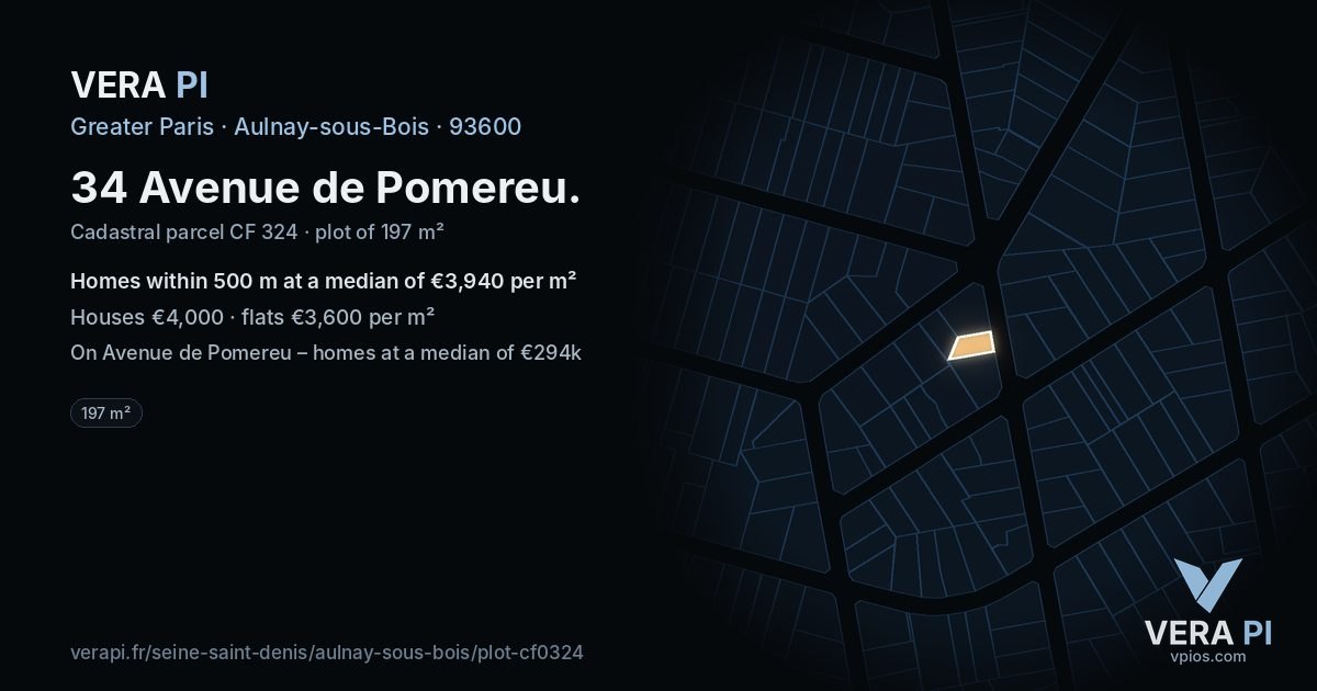 34 Avenue de Pomereu, Aulnay-sous-Bois at night – the plot lit, the parcels around coloured by the prices near them