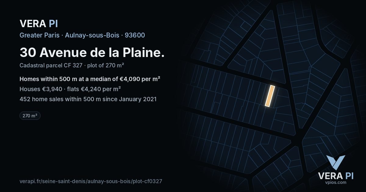 30 Avenue de la Plaine, Aulnay-sous-Bois at night – the plot lit, the parcels around coloured by the prices near them