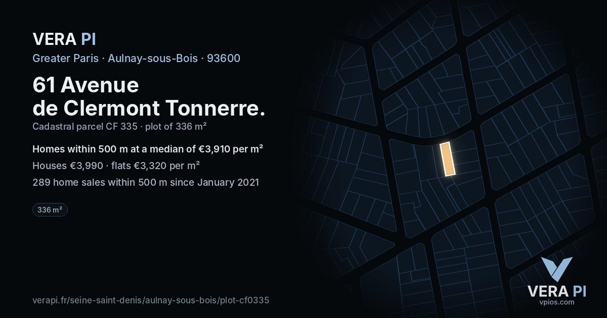 61 Avenue de Clermont Tonnerre, Aulnay-sous-Bois at night – the plot lit, the parcels around coloured by the prices near them