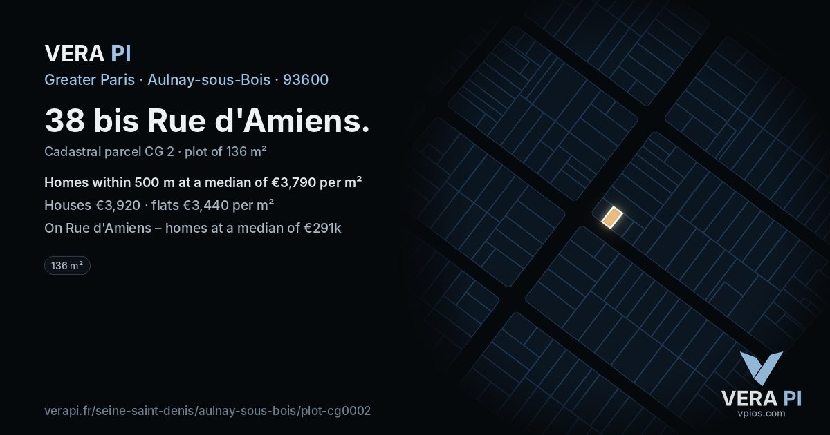 38 bis Rue d'Amiens, Aulnay-sous-Bois at night – the plot lit, the parcels around coloured by the prices near them