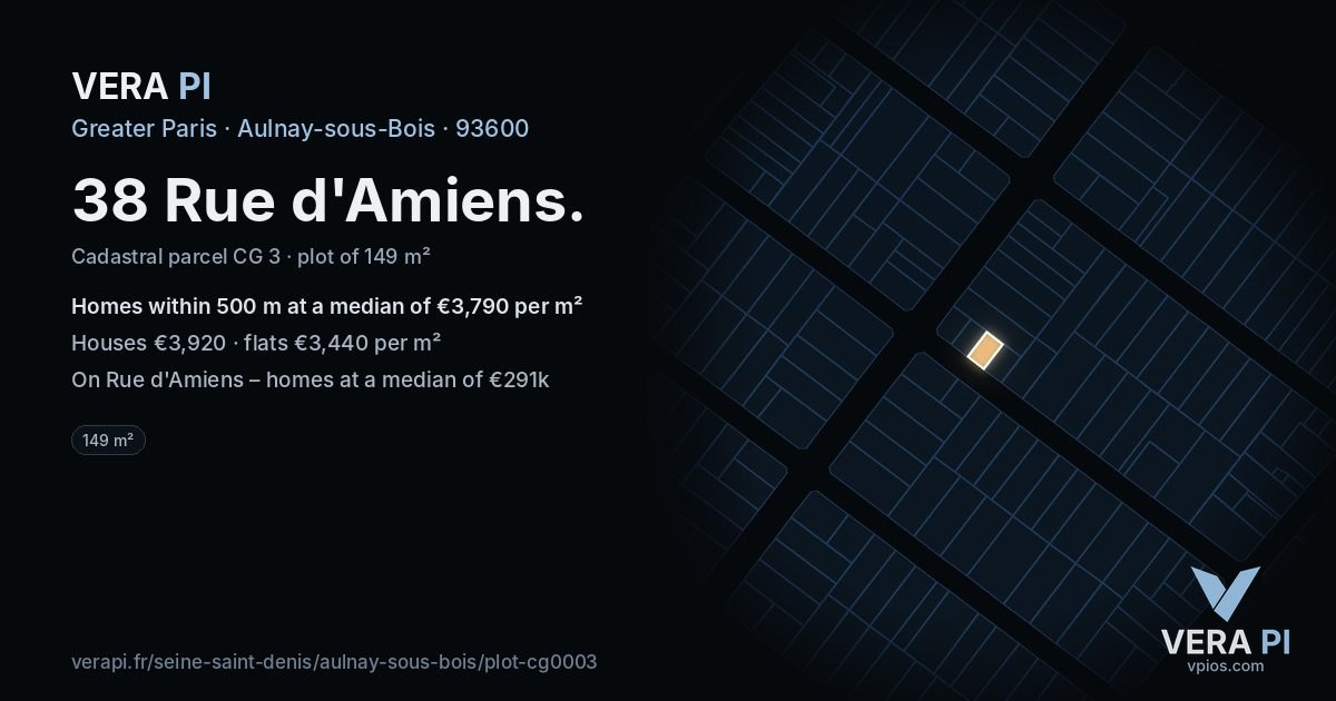 38 Rue d'Amiens, Aulnay-sous-Bois at night – the plot lit, the parcels around coloured by the prices near them