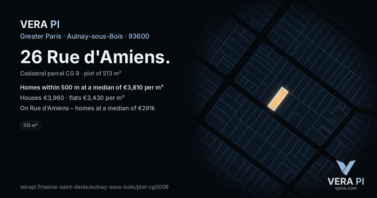 26 Rue d'Amiens, Aulnay-sous-Bois at night – the plot lit, the parcels around coloured by the prices near them