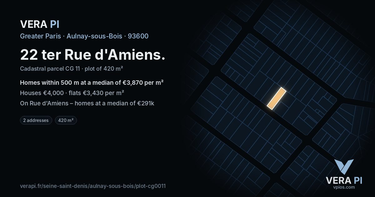 22 ter Rue d'Amiens, Aulnay-sous-Bois at night – the plot lit, the parcels around coloured by the prices near them