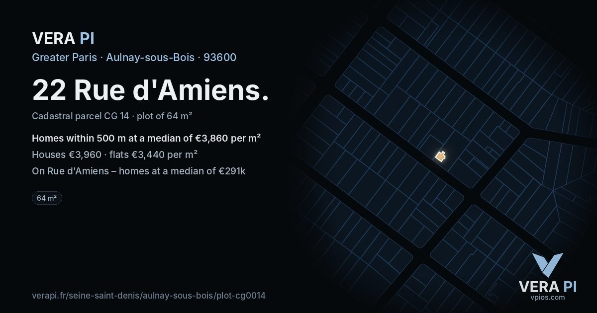 22 Rue d'Amiens, Aulnay-sous-Bois at night – the plot lit, the parcels around coloured by the prices near them