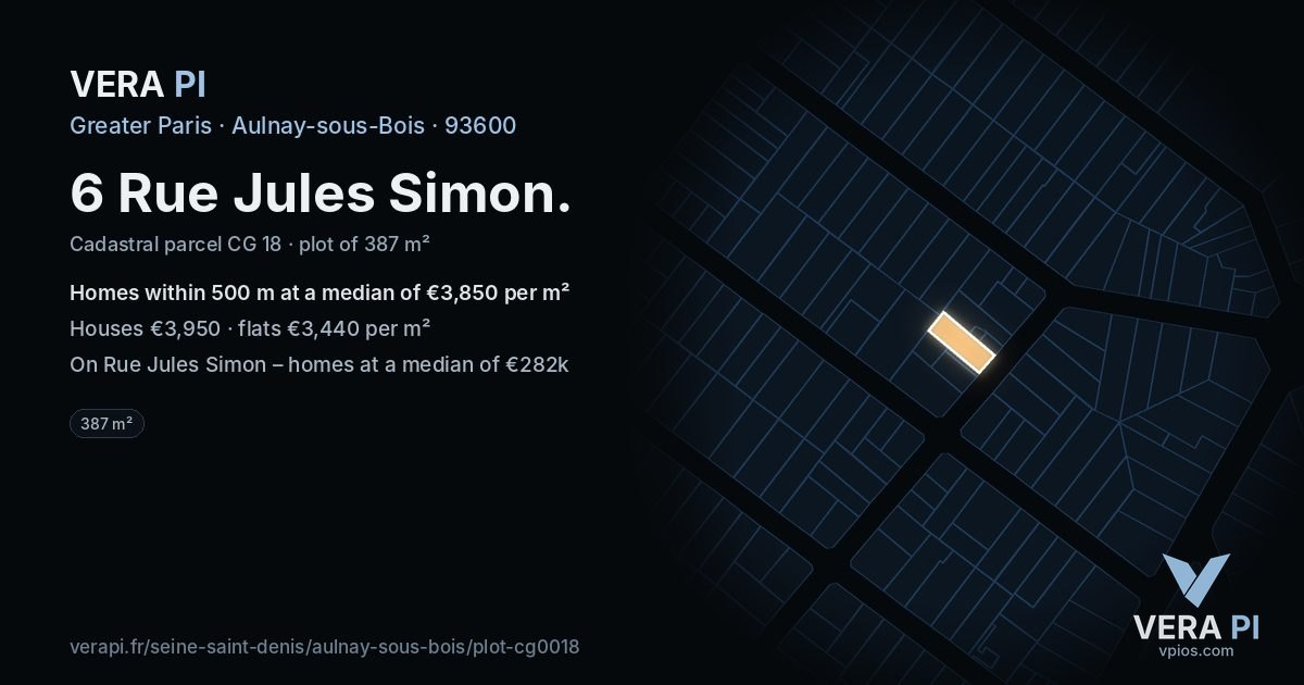 6 Rue Jules Simon, Aulnay-sous-Bois at night – the plot lit, the parcels around coloured by the prices near them