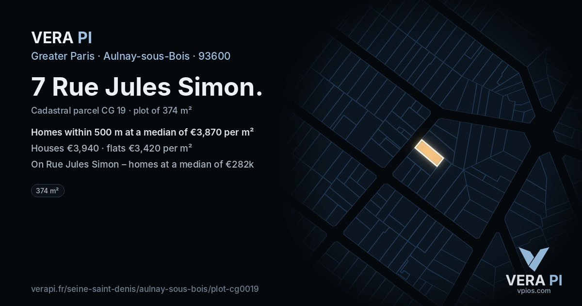 7 Rue Jules Simon, Aulnay-sous-Bois at night – the plot lit, the parcels around coloured by the prices near them