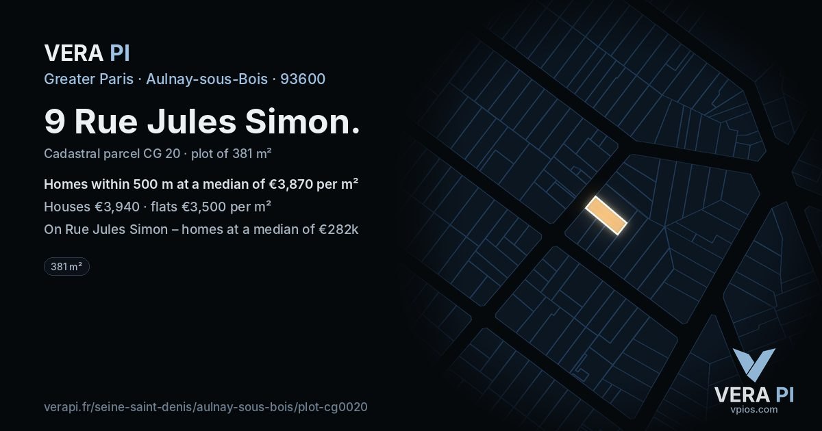 9 Rue Jules Simon, Aulnay-sous-Bois at night – the plot lit, the parcels around coloured by the prices near them