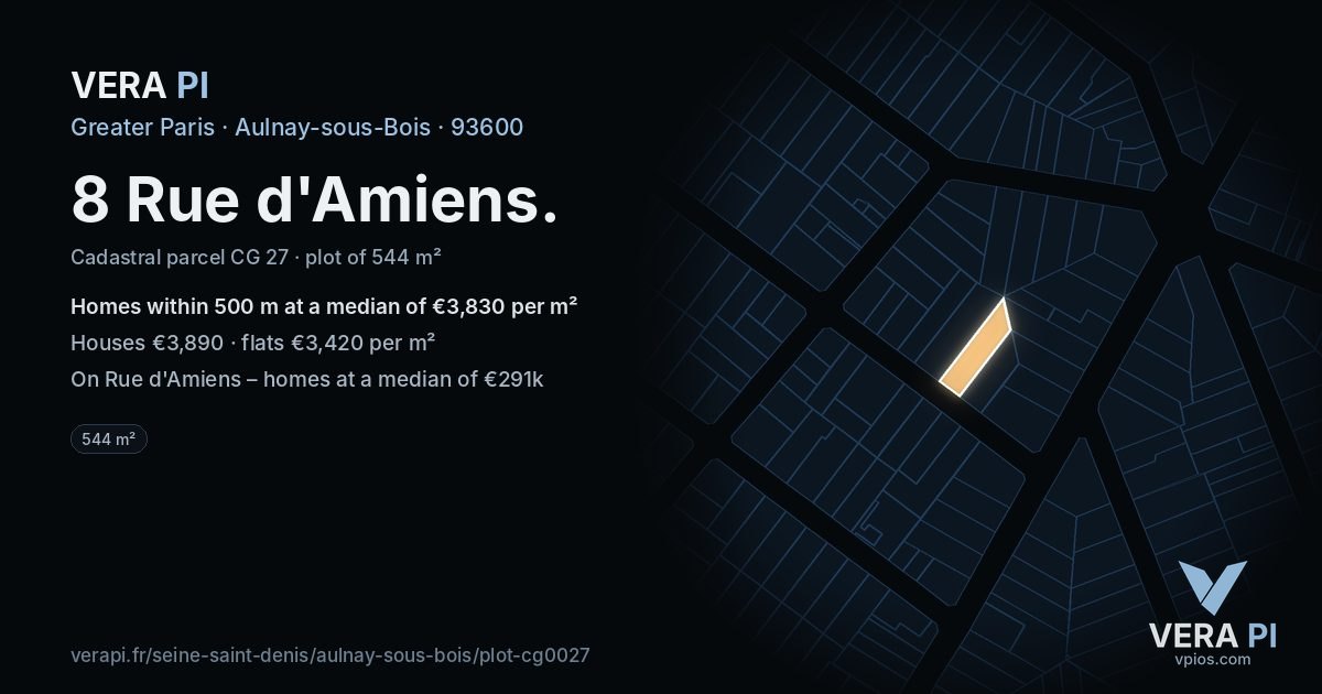 8 Rue d'Amiens, Aulnay-sous-Bois at night – the plot lit, the parcels around coloured by the prices near them