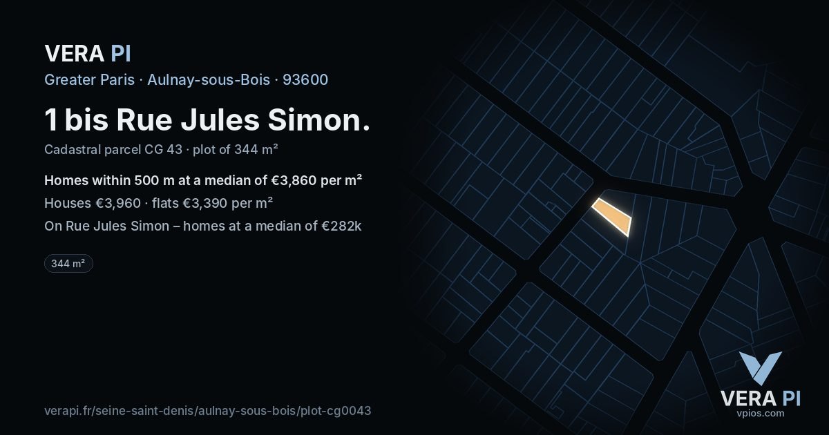 1 bis Rue Jules Simon, Aulnay-sous-Bois at night – the plot lit, the parcels around coloured by the prices near them