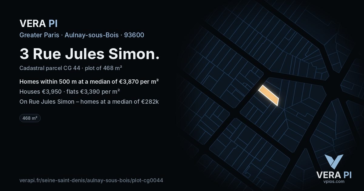 3 Rue Jules Simon, Aulnay-sous-Bois at night – the plot lit, the parcels around coloured by the prices near them