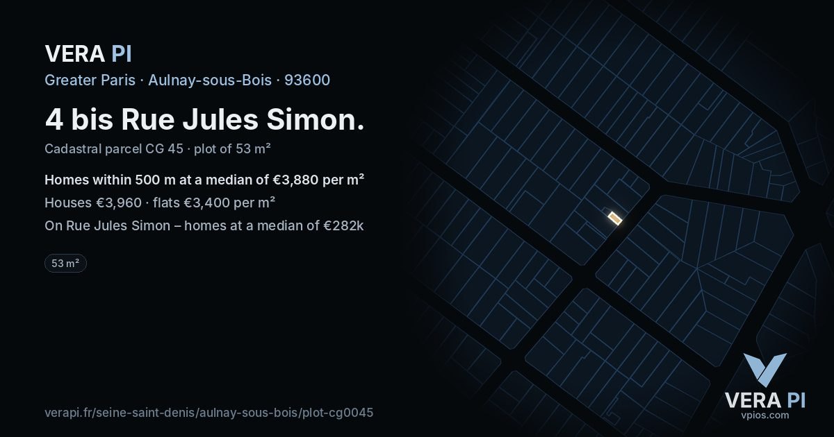 4 bis Rue Jules Simon, Aulnay-sous-Bois at night – the plot lit, the parcels around coloured by the prices near them