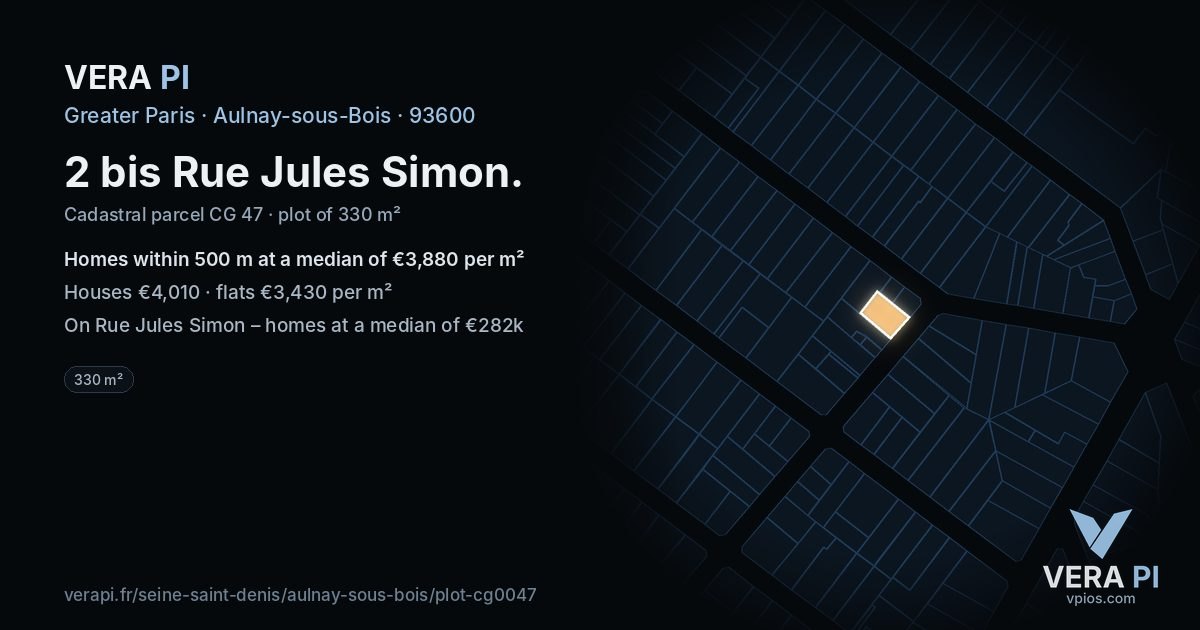 2 bis Rue Jules Simon, Aulnay-sous-Bois at night – the plot lit, the parcels around coloured by the prices near them