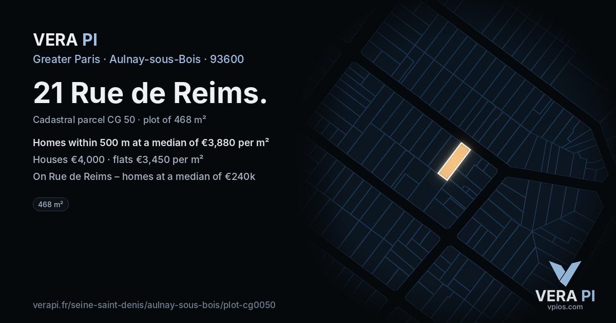 21 Rue de Reims, Aulnay-sous-Bois at night – the plot lit, the parcels around coloured by the prices near them