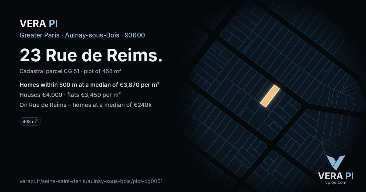 23 Rue de Reims, Aulnay-sous-Bois at night – the plot lit, the parcels around coloured by the prices near them