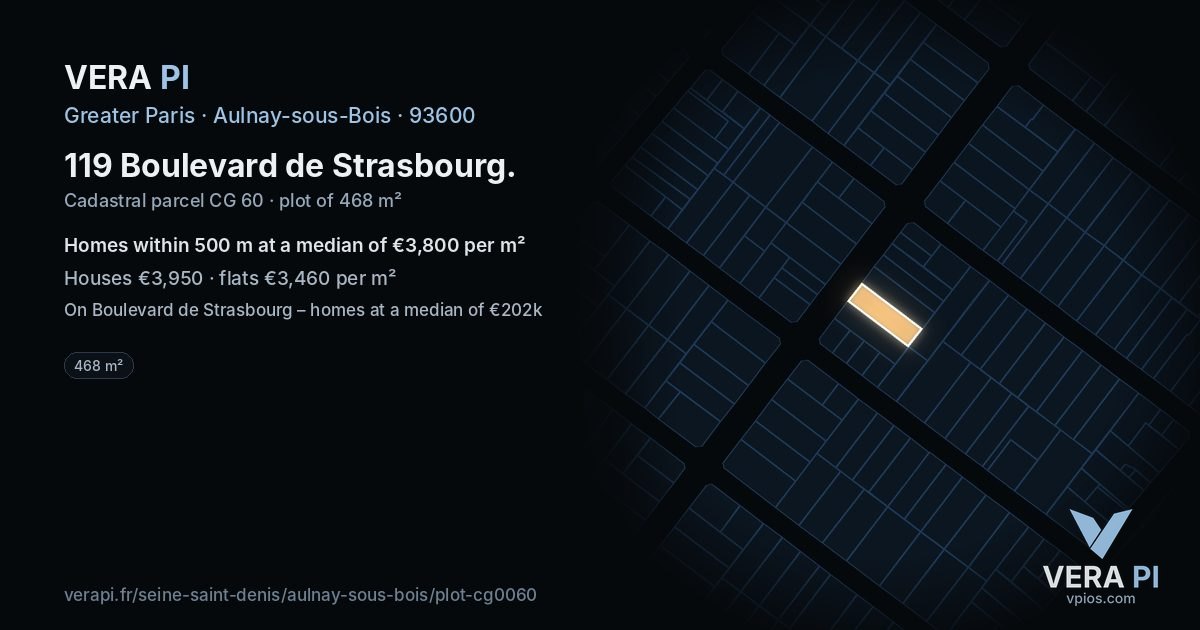 119 Boulevard de Strasbourg, Aulnay-sous-Bois at night – the plot lit, the parcels around coloured by the prices near them