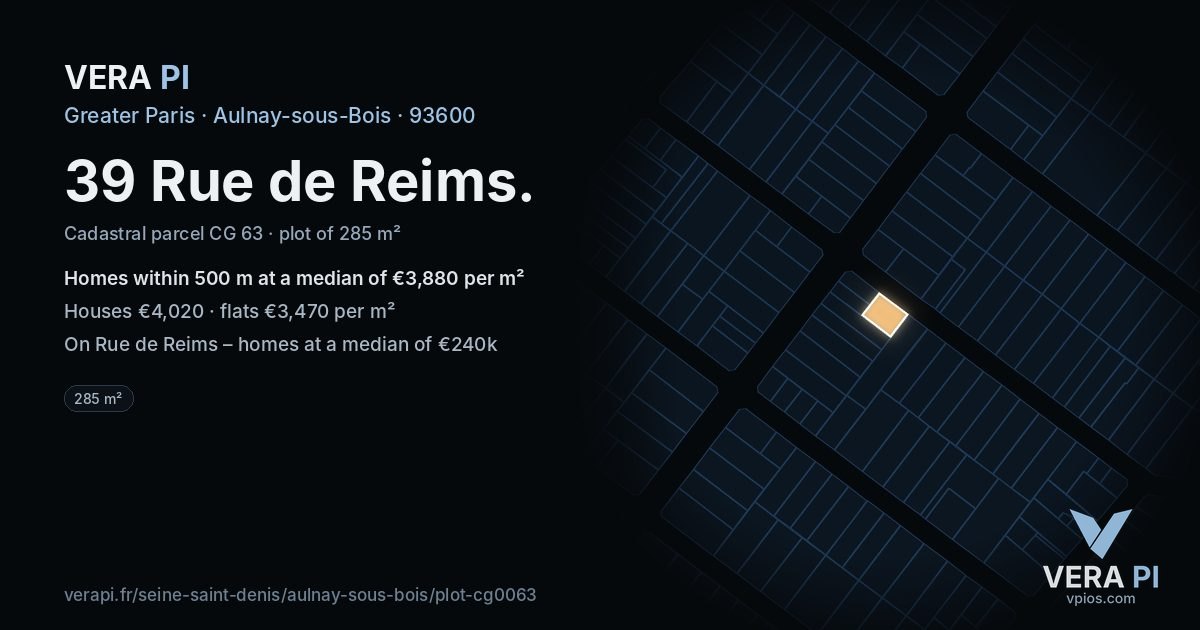 39 Rue de Reims, Aulnay-sous-Bois at night – the plot lit, the parcels around coloured by the prices near them