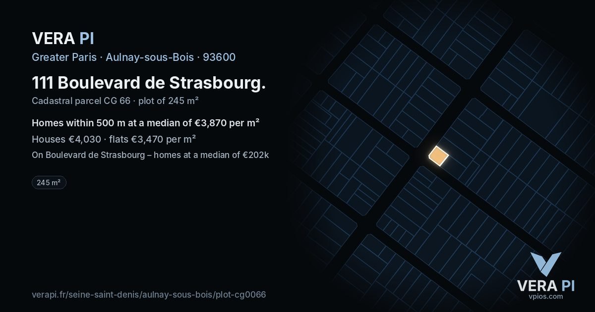 111 Boulevard de Strasbourg, Aulnay-sous-Bois at night – the plot lit, the parcels around coloured by the prices near them