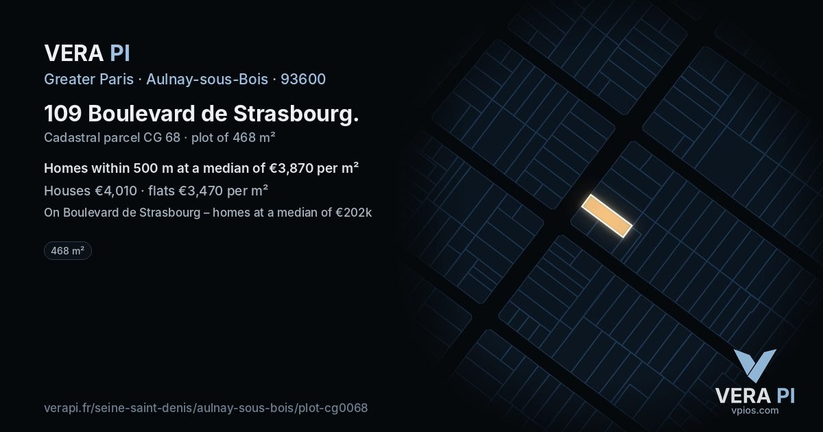 109 Boulevard de Strasbourg, Aulnay-sous-Bois at night – the plot lit, the parcels around coloured by the prices near them