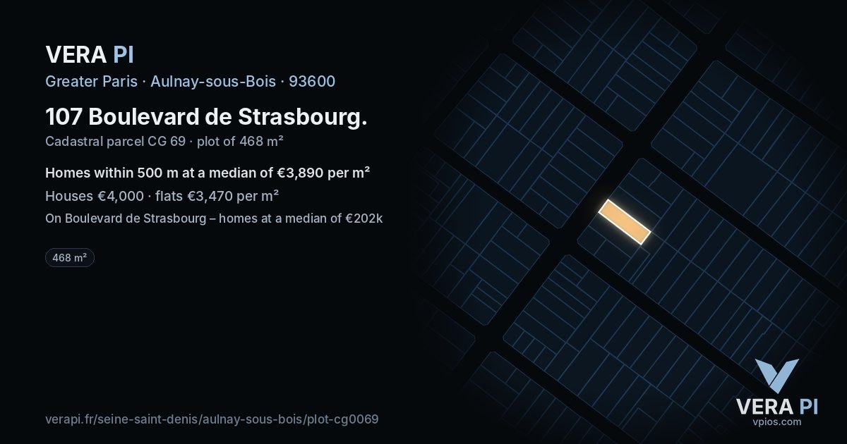 107 Boulevard de Strasbourg, Aulnay-sous-Bois at night – the plot lit, the parcels around coloured by the prices near them