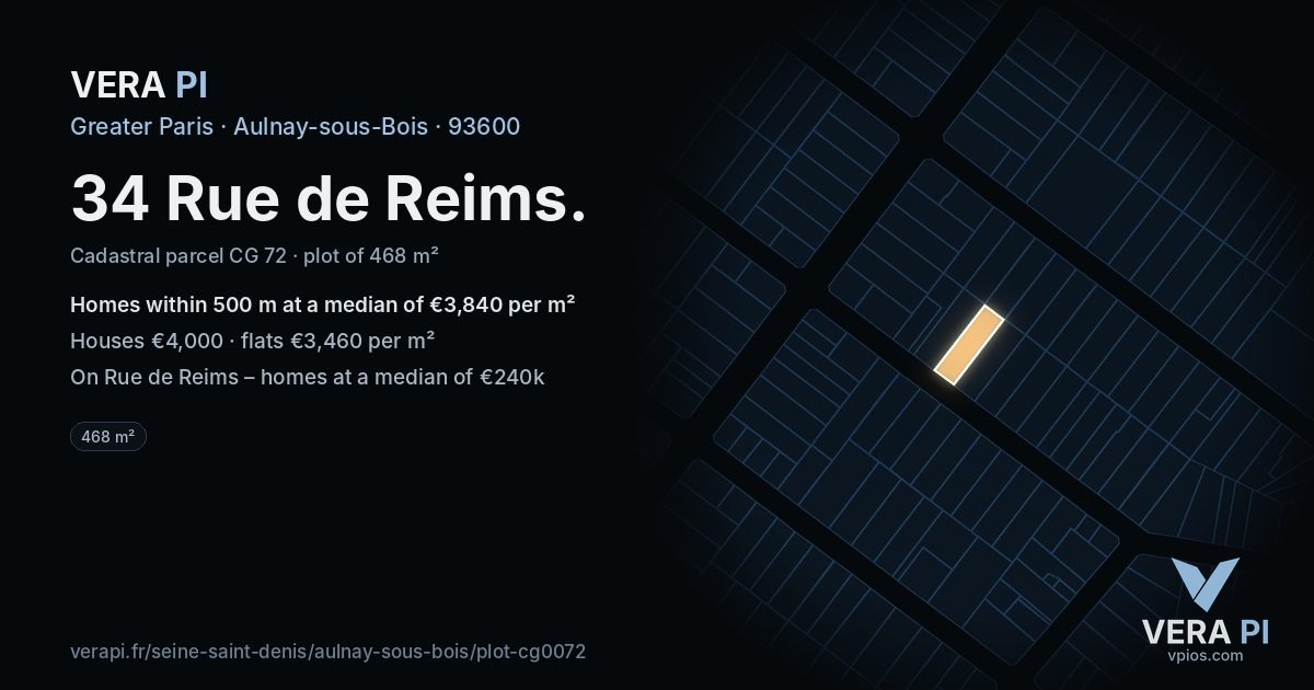 34 Rue de Reims, Aulnay-sous-Bois at night – the plot lit, the parcels around coloured by the prices near them