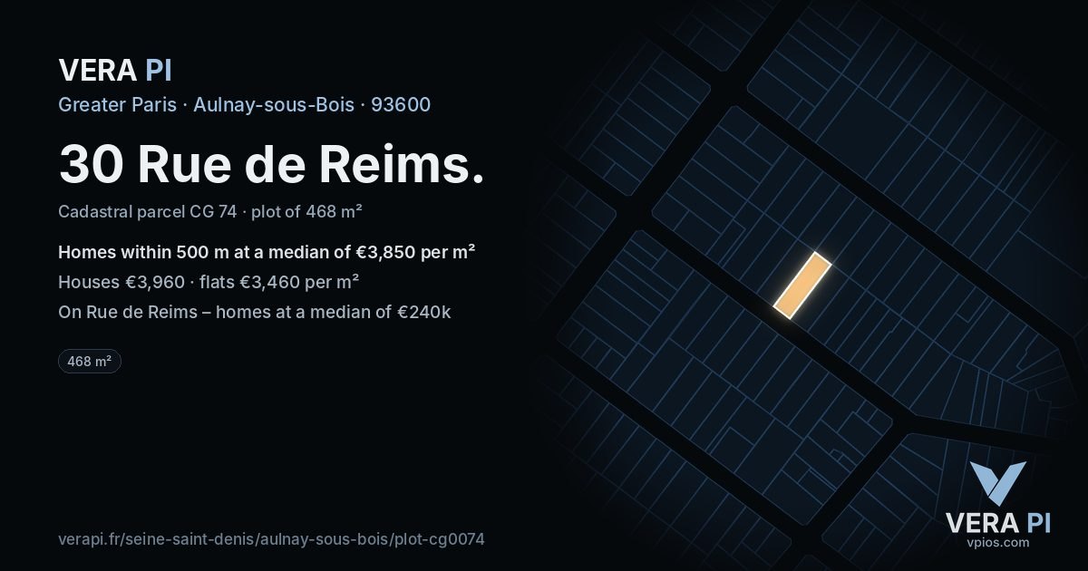 30 Rue de Reims, Aulnay-sous-Bois at night – the plot lit, the parcels around coloured by the prices near them
