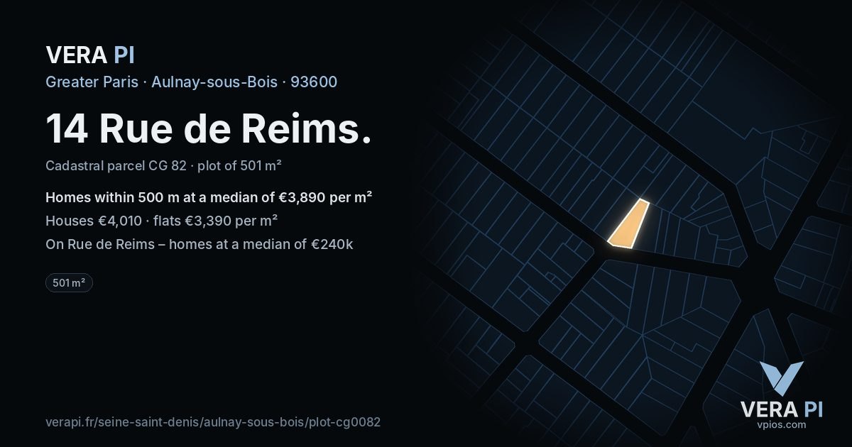 14 Rue de Reims, Aulnay-sous-Bois at night – the plot lit, the parcels around coloured by the prices near them