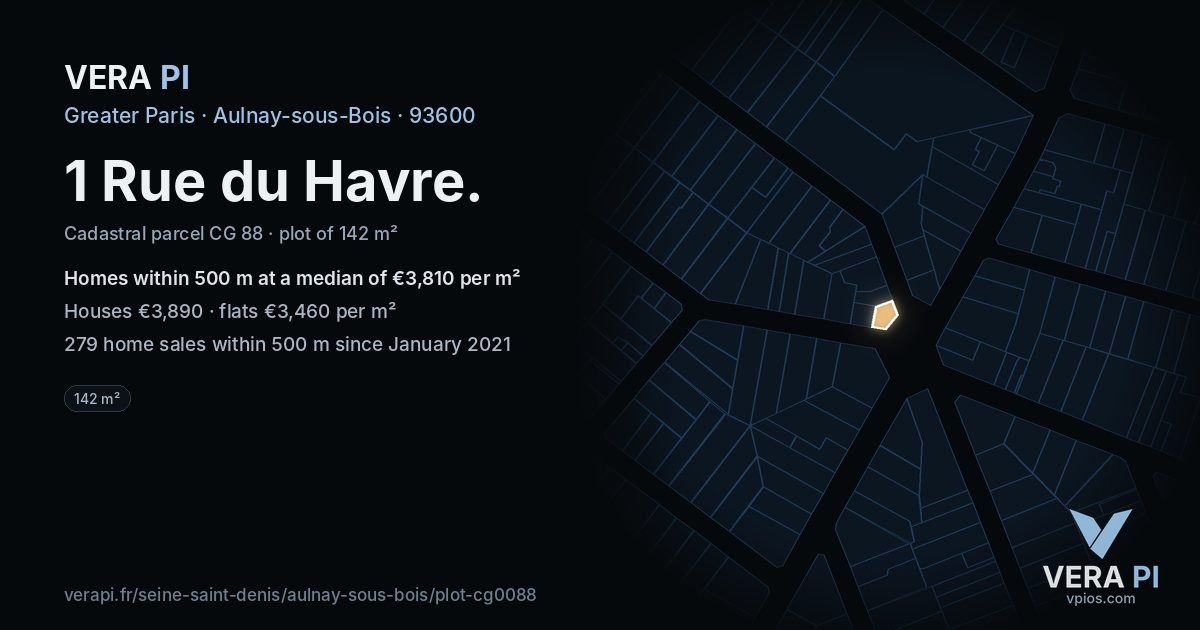 1 Rue du Havre, Aulnay-sous-Bois at night – the plot lit, the parcels around coloured by the prices near them