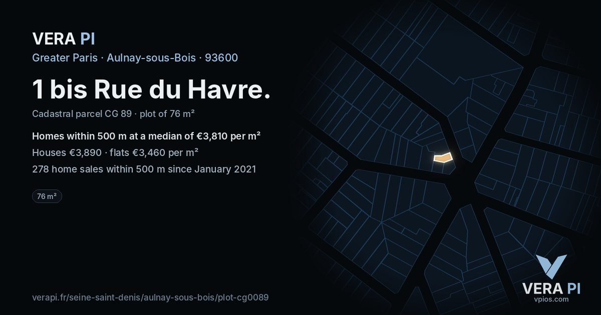 1 bis Rue du Havre, Aulnay-sous-Bois at night – the plot lit, the parcels around coloured by the prices near them