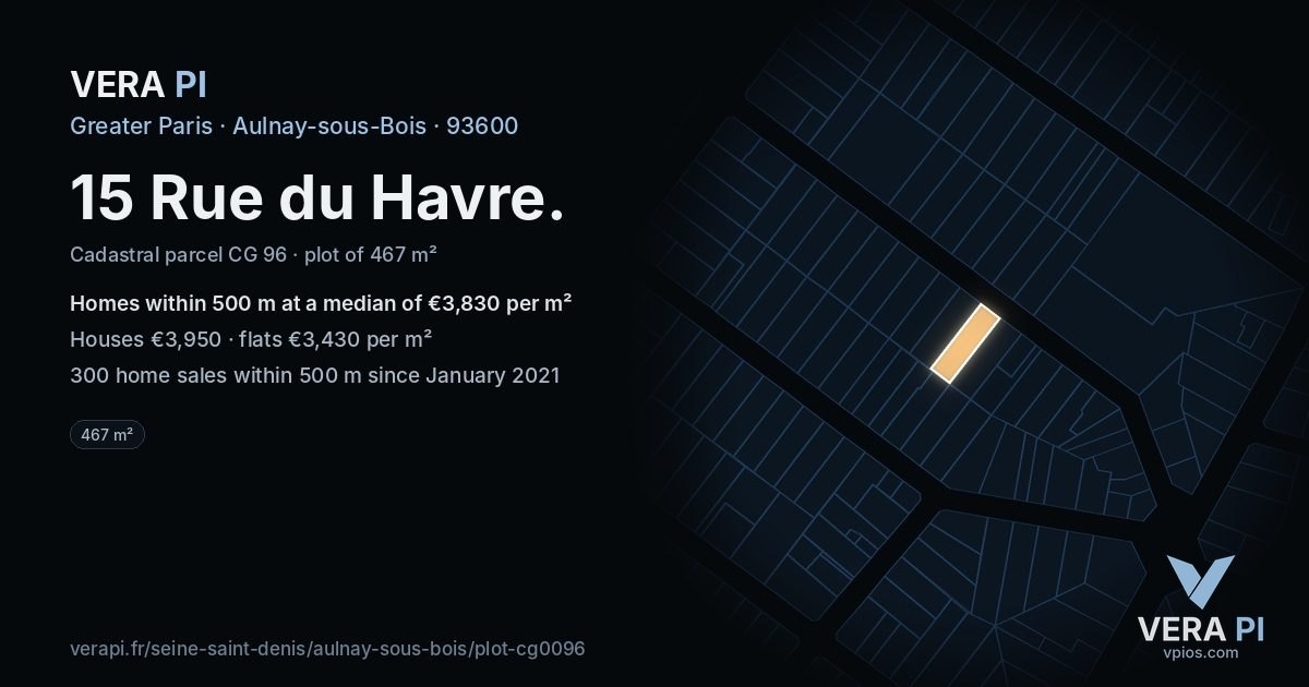 15 Rue du Havre, Aulnay-sous-Bois at night – the plot lit, the parcels around coloured by the prices near them