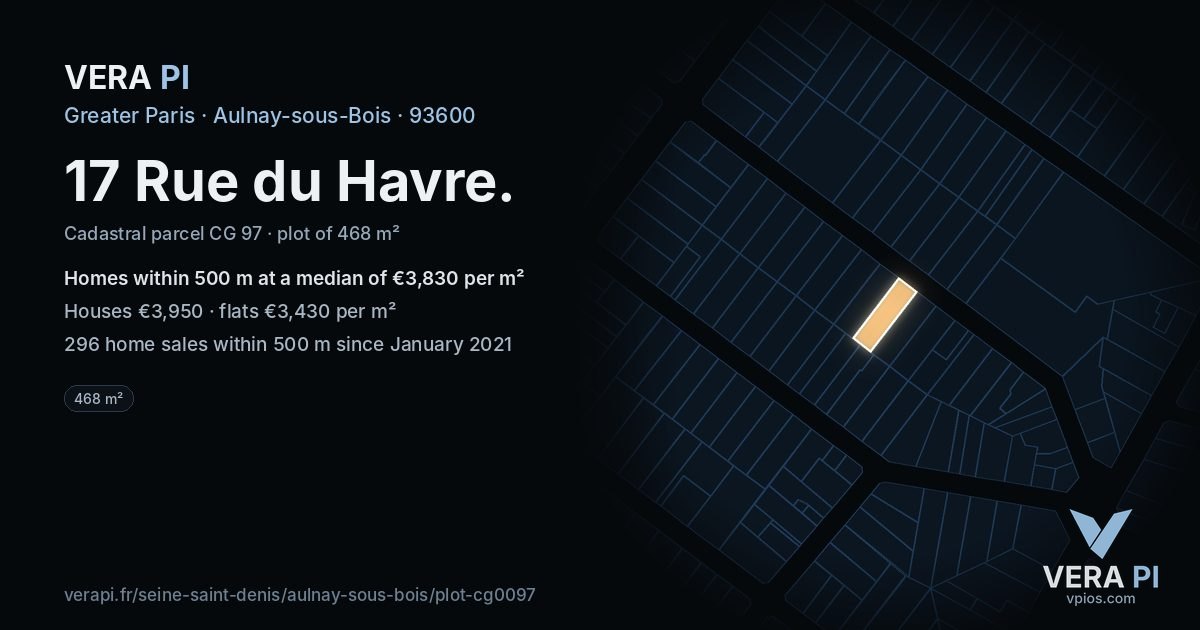 17 Rue du Havre, Aulnay-sous-Bois at night – the plot lit, the parcels around coloured by the prices near them
