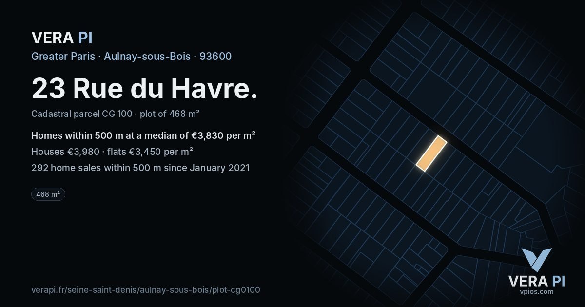 23 Rue du Havre, Aulnay-sous-Bois at night – the plot lit, the parcels around coloured by the prices near them