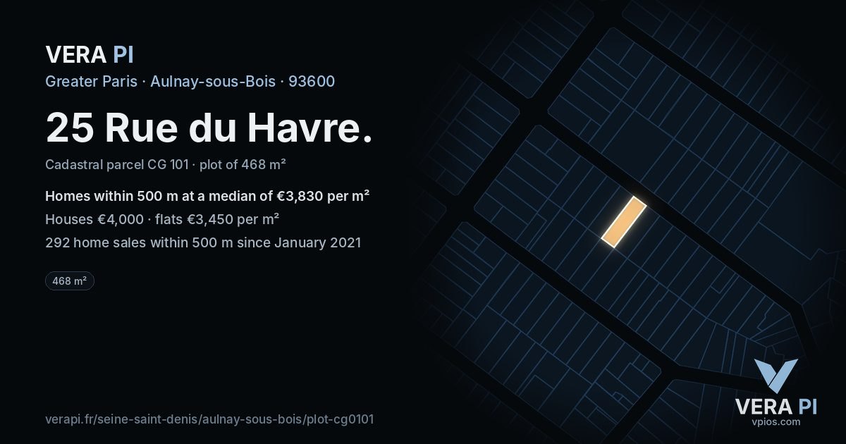 25 Rue du Havre, Aulnay-sous-Bois at night – the plot lit, the parcels around coloured by the prices near them