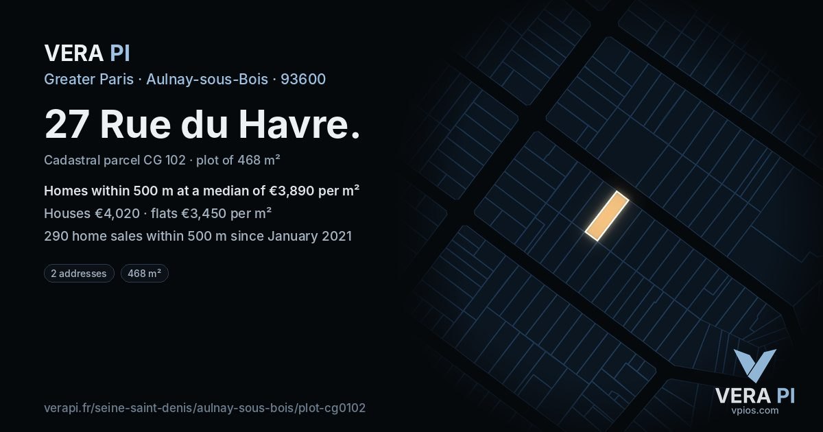 27 Rue du Havre, Aulnay-sous-Bois at night – the plot lit, the parcels around coloured by the prices near them