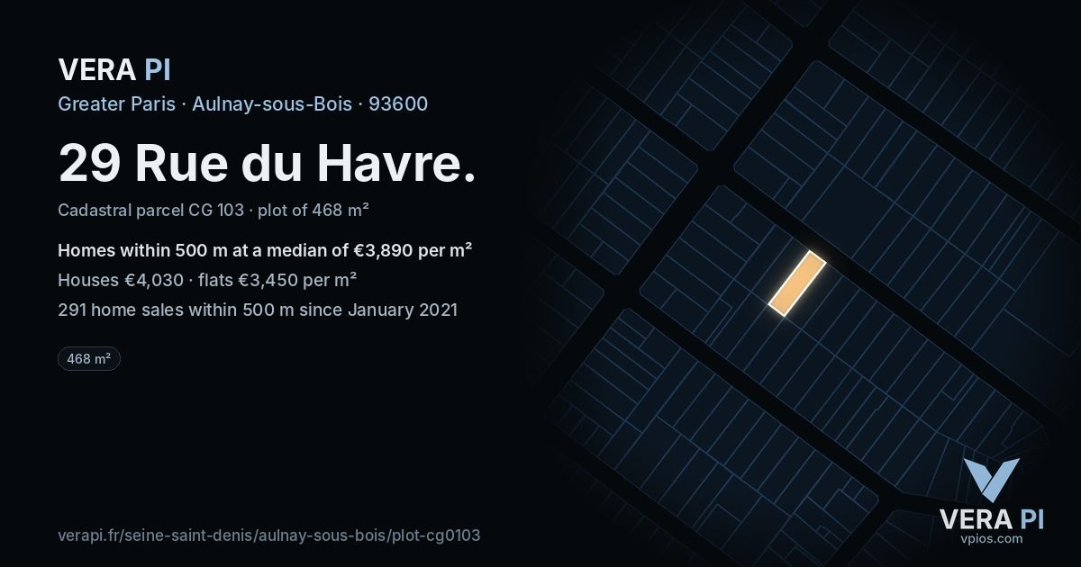 29 Rue du Havre, Aulnay-sous-Bois at night – the plot lit, the parcels around coloured by the prices near them