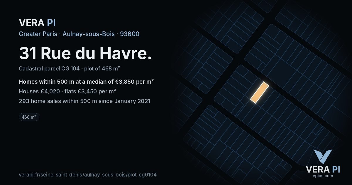 31 Rue du Havre, Aulnay-sous-Bois at night – the plot lit, the parcels around coloured by the prices near them