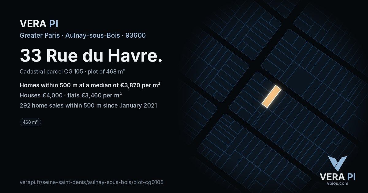 33 Rue du Havre, Aulnay-sous-Bois at night – the plot lit, the parcels around coloured by the prices near them