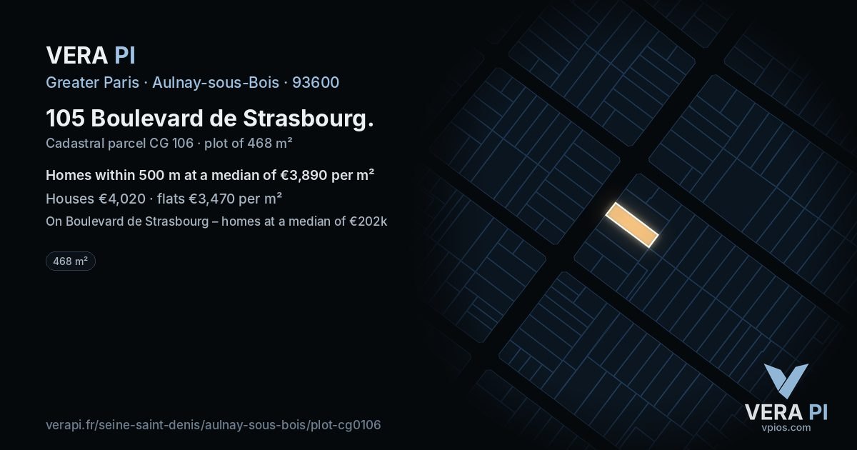 105 Boulevard de Strasbourg, Aulnay-sous-Bois at night – the plot lit, the parcels around coloured by the prices near them