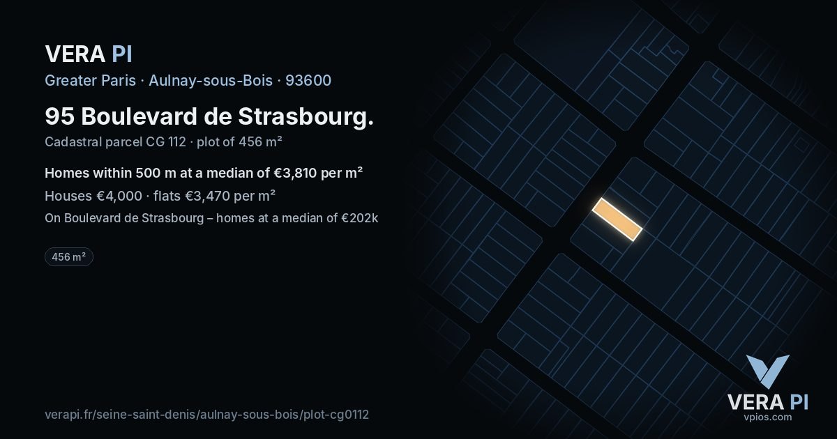 95 Boulevard de Strasbourg, Aulnay-sous-Bois at night – the plot lit, the parcels around coloured by the prices near them