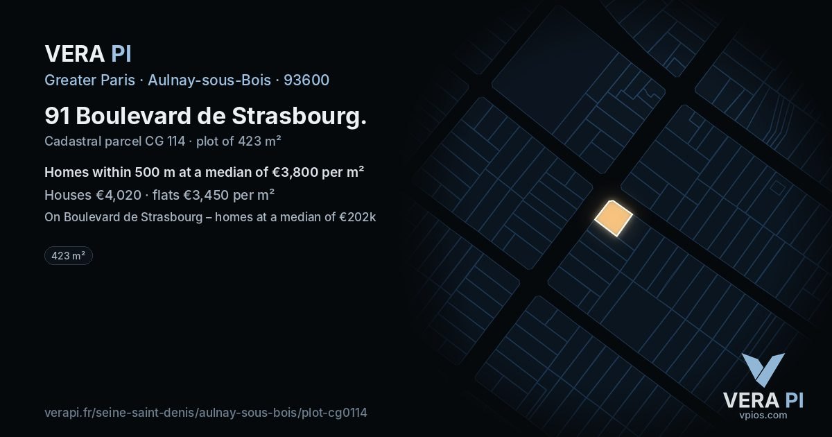 91 Boulevard de Strasbourg, Aulnay-sous-Bois at night – the plot lit, the parcels around coloured by the prices near them