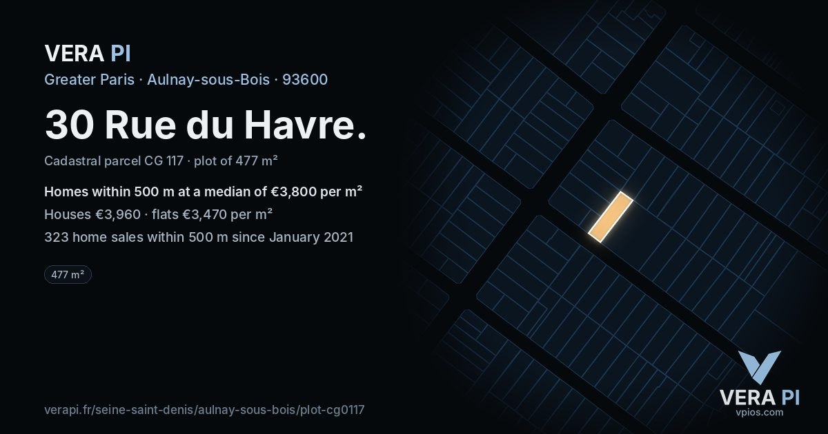 30 Rue du Havre, Aulnay-sous-Bois at night – the plot lit, the parcels around coloured by the prices near them