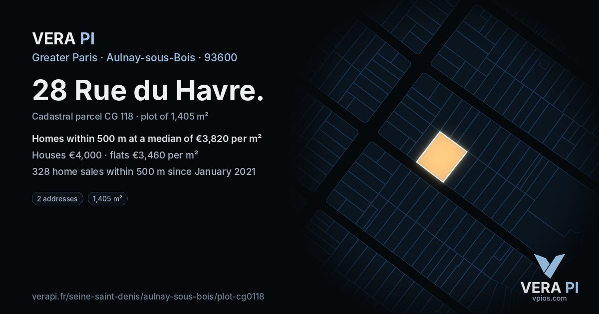 28 Rue du Havre, Aulnay-sous-Bois at night – the plot lit, the parcels around coloured by the prices near them