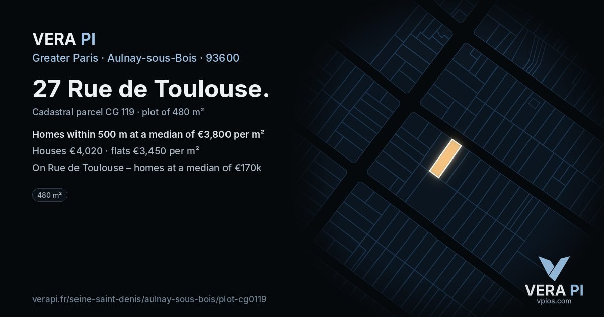 27 Rue de Toulouse, Aulnay-sous-Bois at night – the plot lit, the parcels around coloured by the prices near them