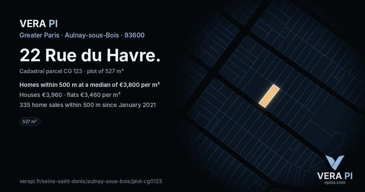 22 Rue du Havre, Aulnay-sous-Bois at night – the plot lit, the parcels around coloured by the prices near them
