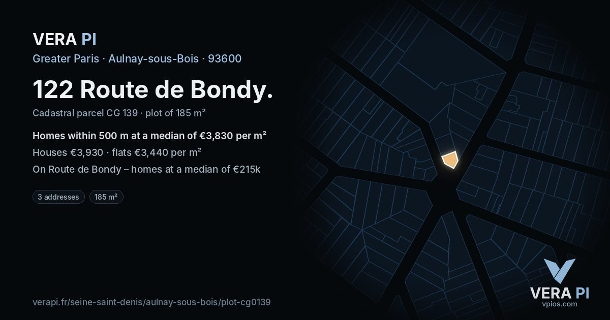 122 Route de Bondy, Aulnay-sous-Bois at night – the plot lit, the parcels around coloured by the prices near them