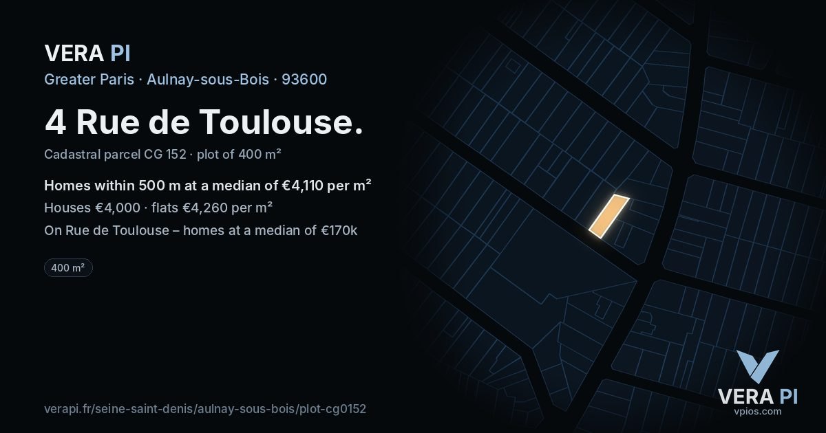 4 Rue de Toulouse, Aulnay-sous-Bois at night – the plot lit, the parcels around coloured by the prices near them
