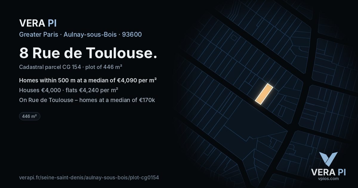 8 Rue de Toulouse, Aulnay-sous-Bois at night – the plot lit, the parcels around coloured by the prices near them