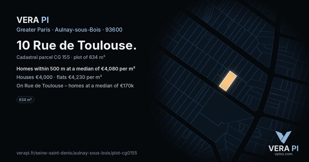 10 Rue de Toulouse, Aulnay-sous-Bois at night – the plot lit, the parcels around coloured by the prices near them