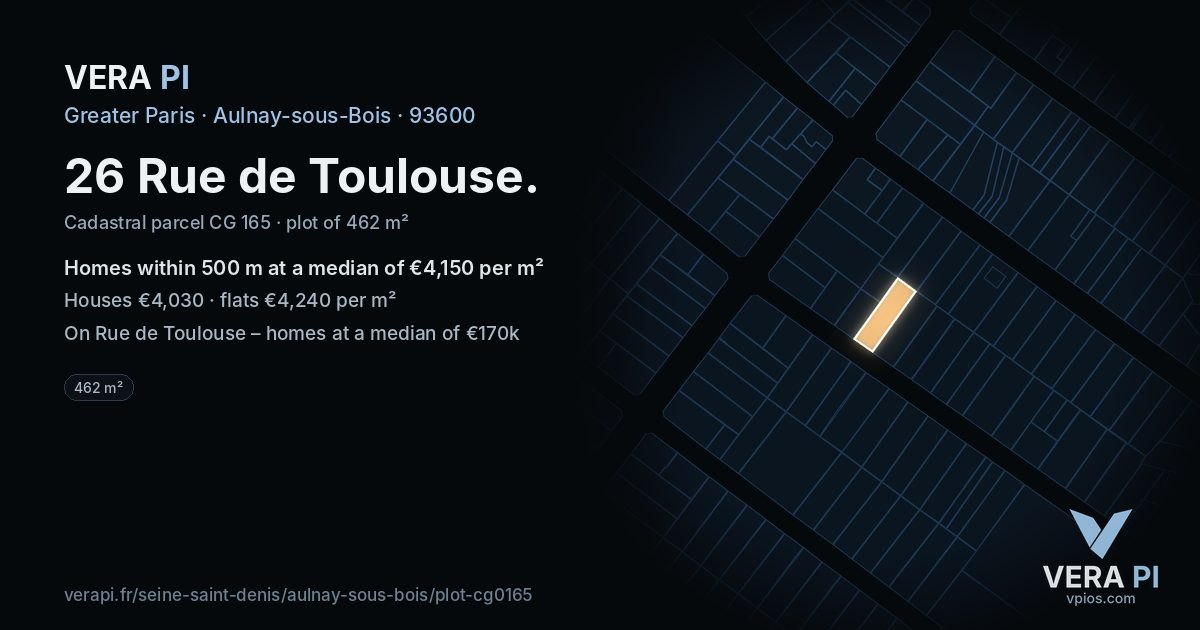 26 Rue de Toulouse, Aulnay-sous-Bois at night – the plot lit, the parcels around coloured by the prices near them